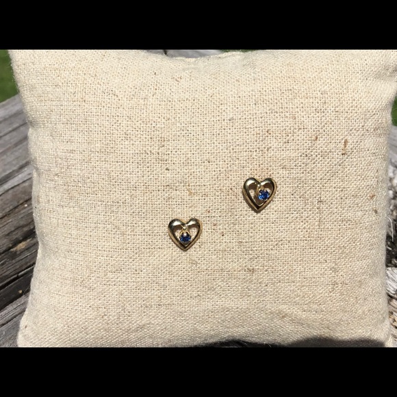 Gold Hearts w/Dark Blue Stone Pierced Earrings - Picture 2 of 2